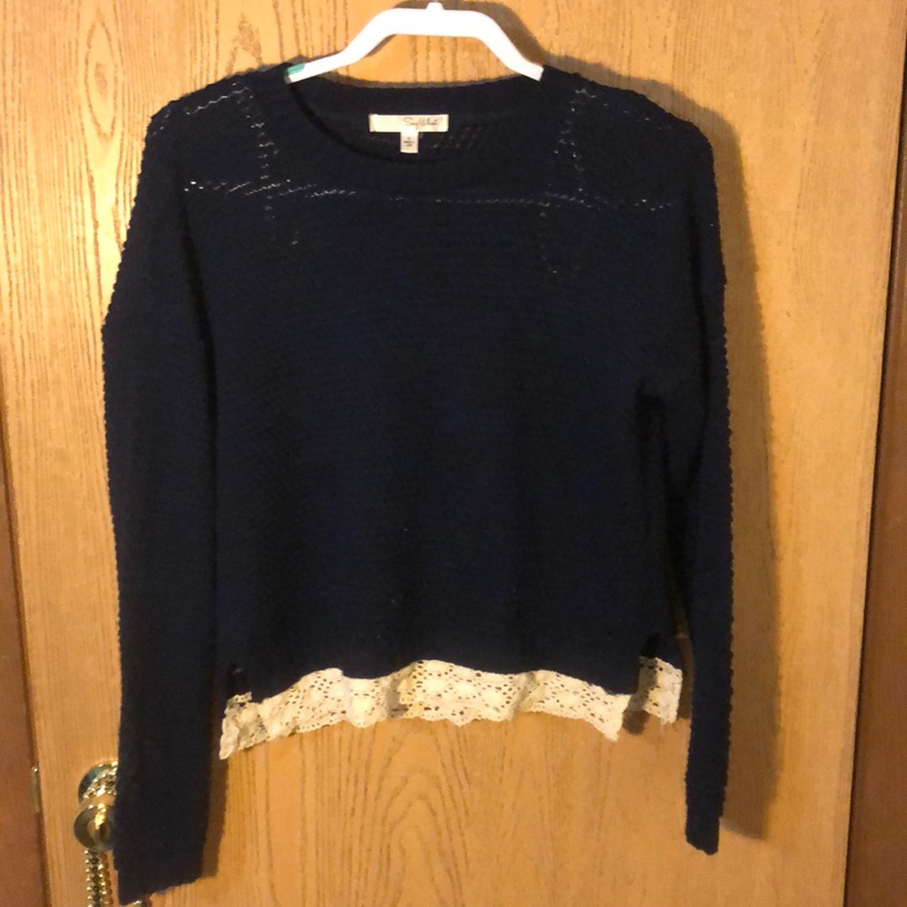 Navy blue sweater with lace trim lightly used